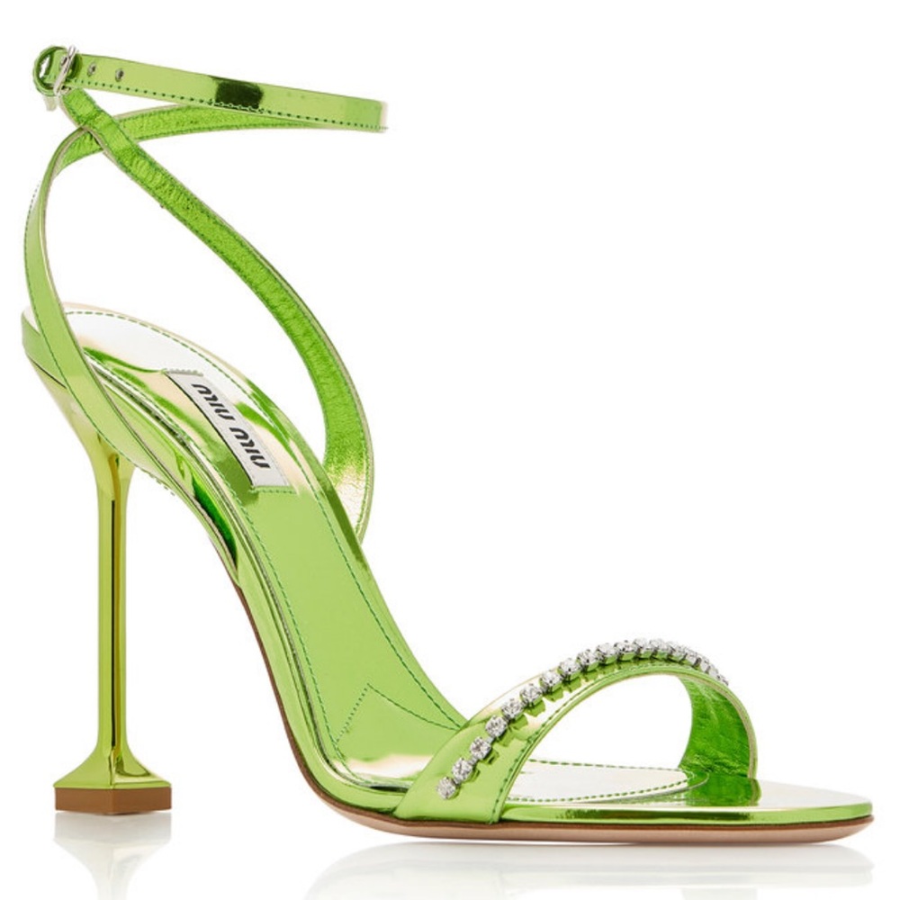 Miu miu heels crystal trimmed metallic leather sandals green high heels